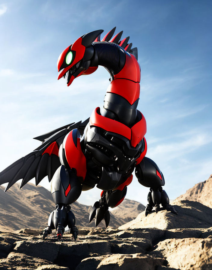 Red and Black Robotic Dragon with Green Glowing Eyes on Rocky Desert Landscape