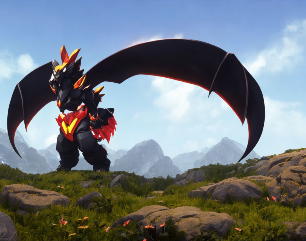 Black and red armored dragon creature in grassy landscape with mountains.