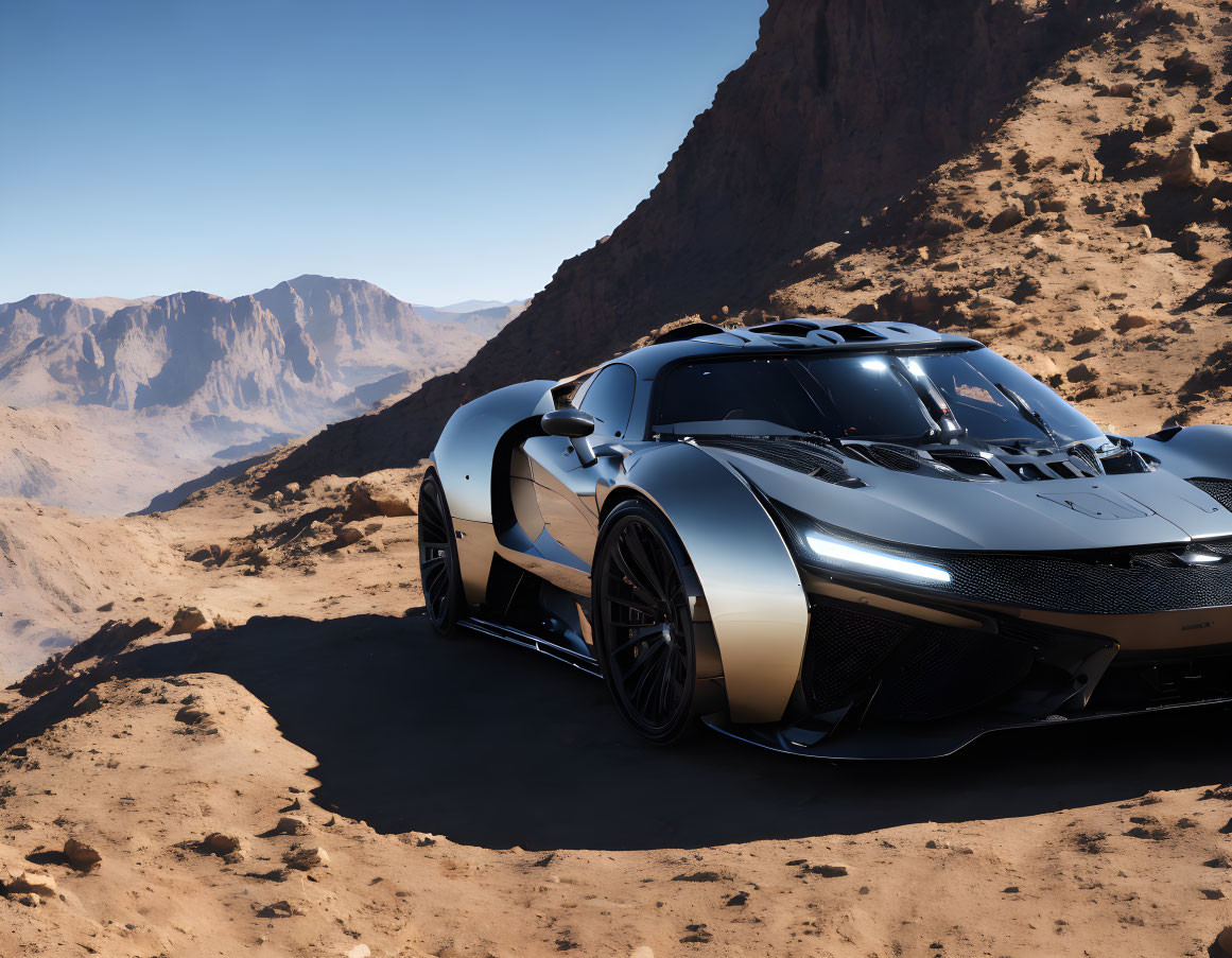 Black and White Sports Car on Rocky Desert Terrain