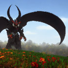 Black and red armored dragon creature in grassy landscape with mountains.