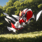 Three red and white robotic birds flying over grassy field near cliff under sunny sky