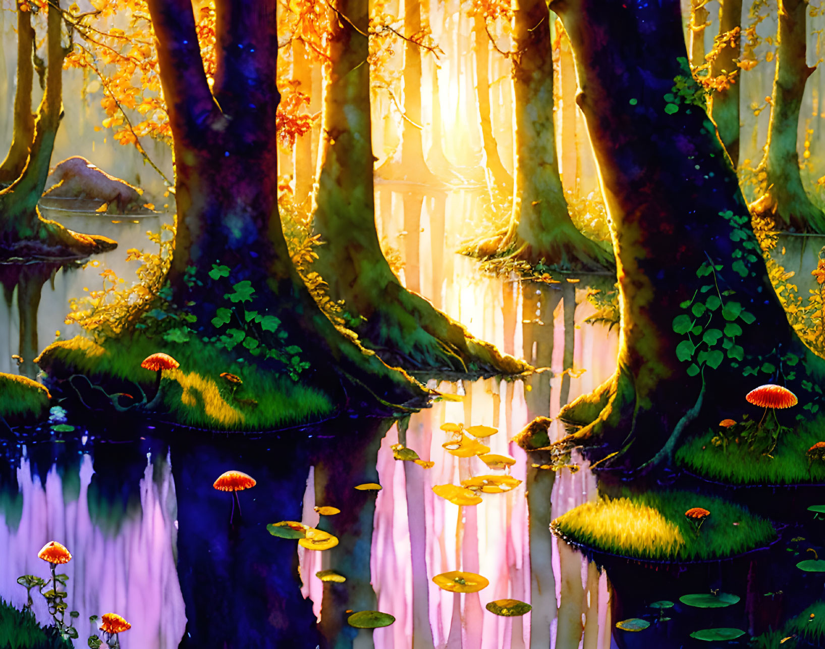 Lush Enchanted Forest with Towering Trees and Colorful Mushrooms