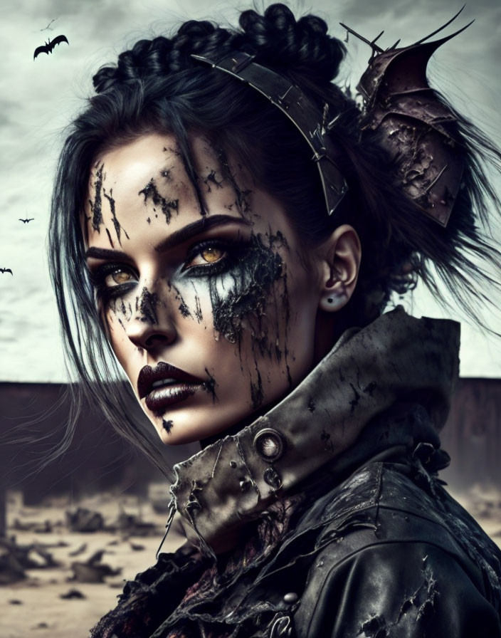 Warrior woman in dark makeup and leather outfit against bat-filled sky