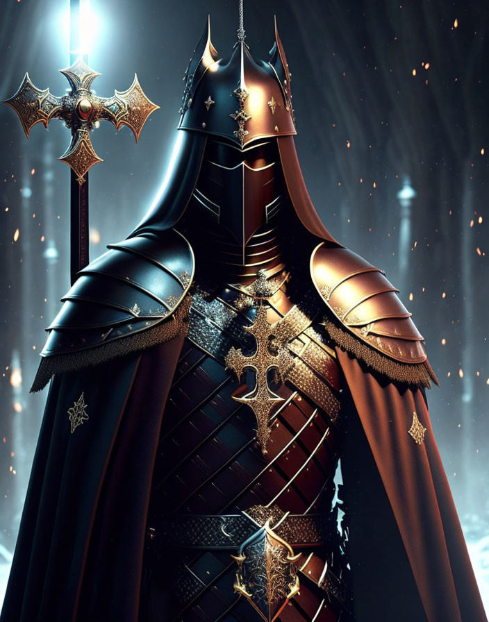 Medieval knight in ornate armor with cloak and decorative sword under glowing ambiance