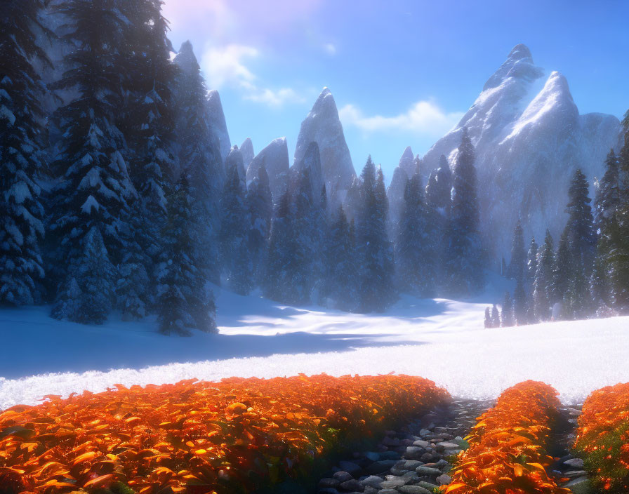 Snowy Mountains and Pine Trees Meet Vibrant Orange Flowers in Winter Scene