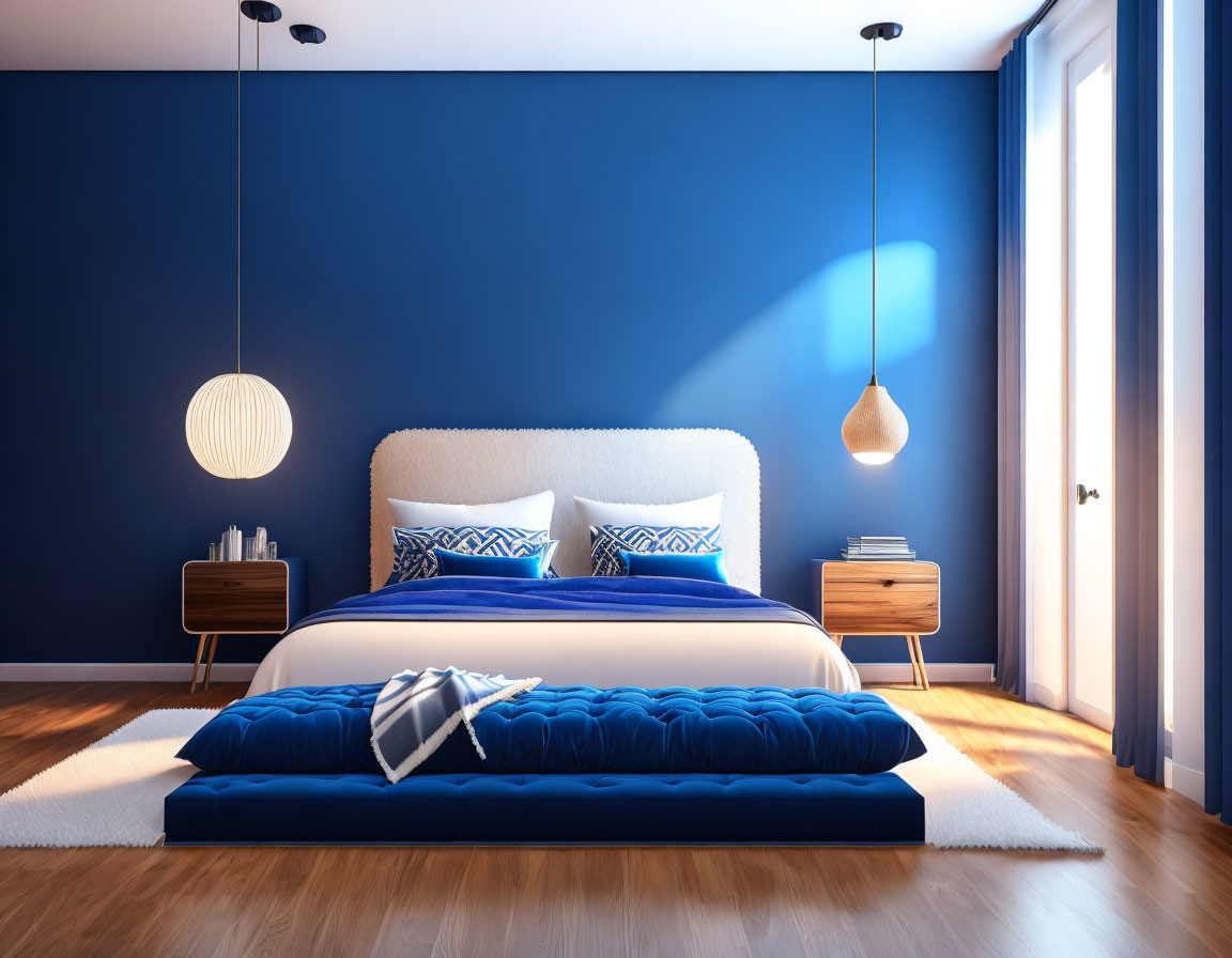 Spacious modern bedroom with large bed, blue accents, pendant lights, and wooden nightstand by window