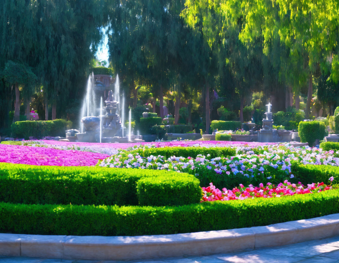 Lush Green Hedges, Colorful Flowers, and Sunlit Fountain in Vibrant Garden