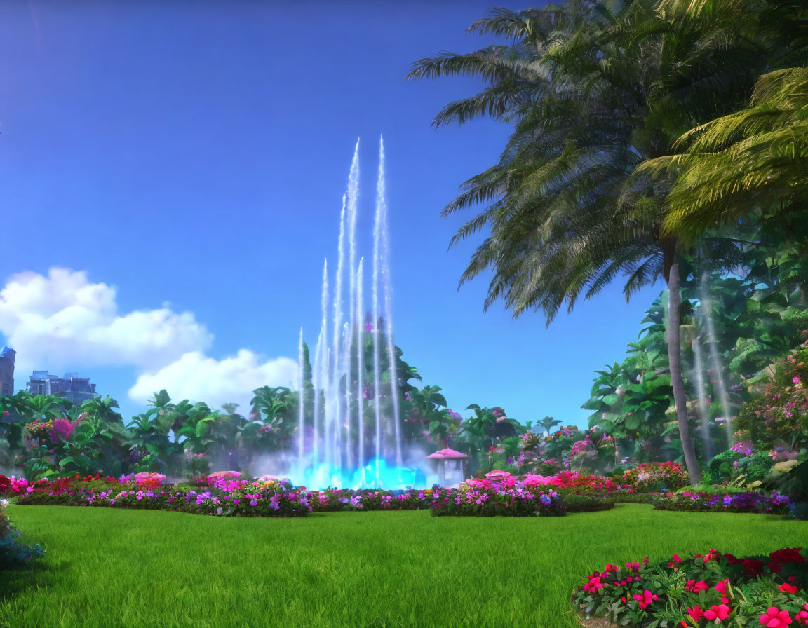 Vibrant Flower Garden with Palm Trees and Water Fountain