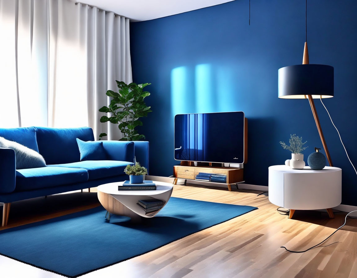 Contemporary Blue Living Room with Sofa, Rug, Lamp, TV, and Plants