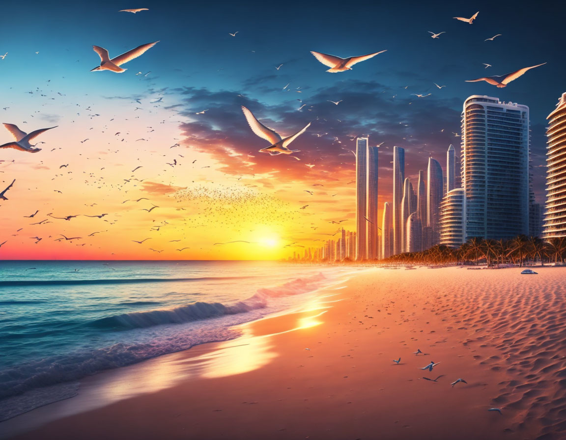 City beach sunset with flying birds, high-rise buildings, and tranquil sea