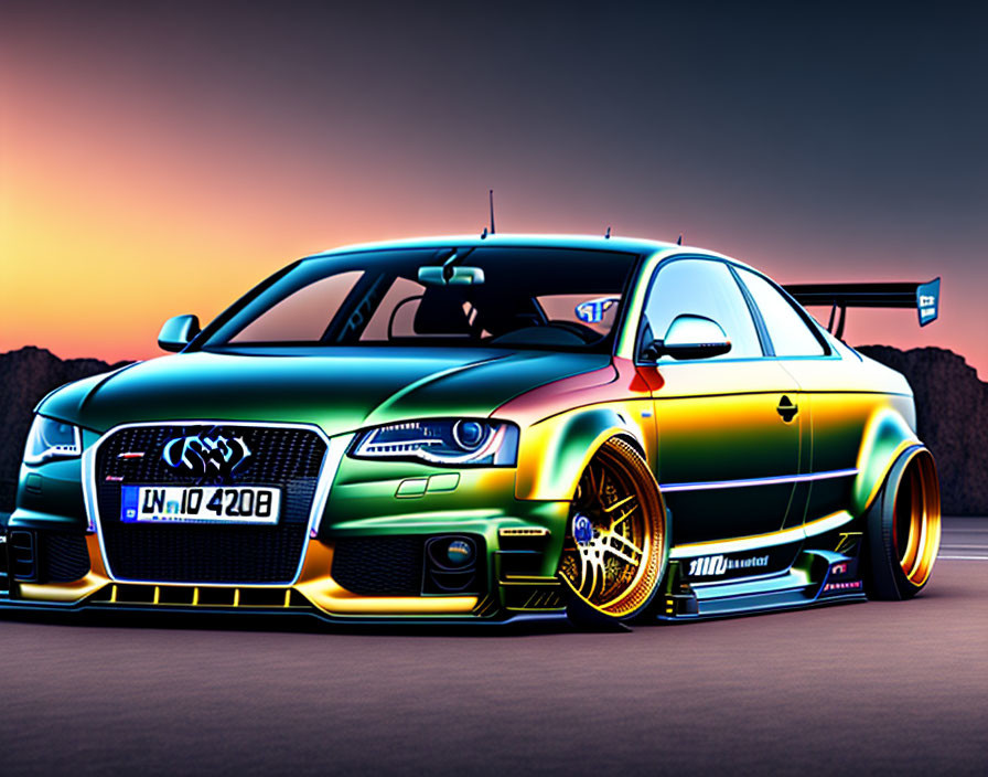 Colorful Audi with neon outlines against sunset sky, featuring sporty look and mods