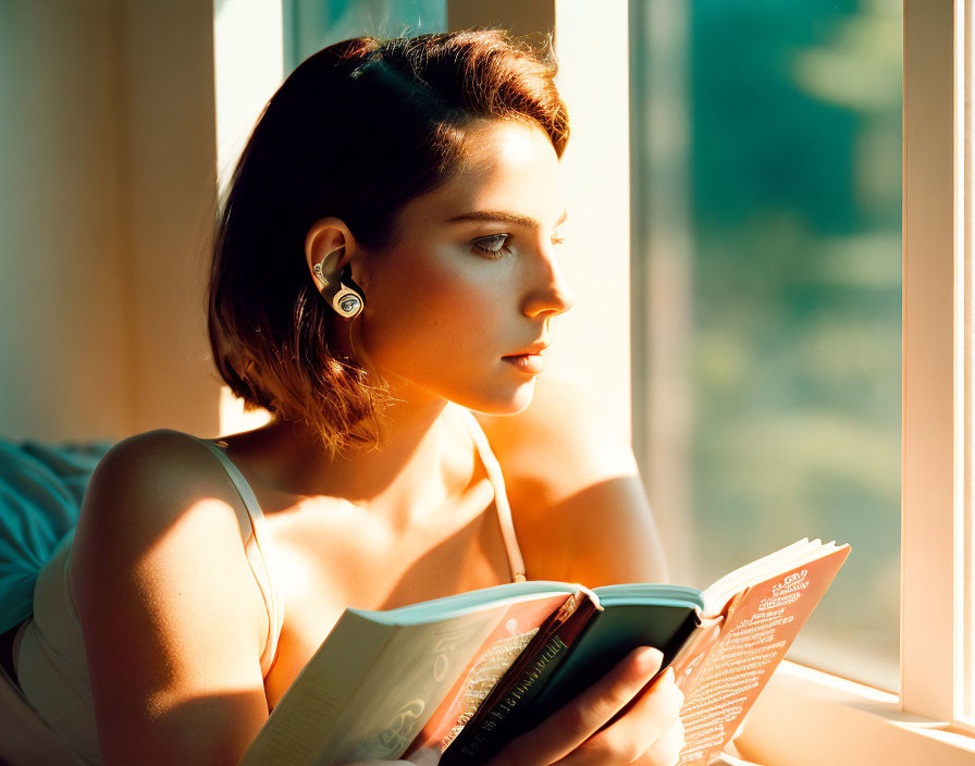 Short-haired woman reading book by sunny window in warm light