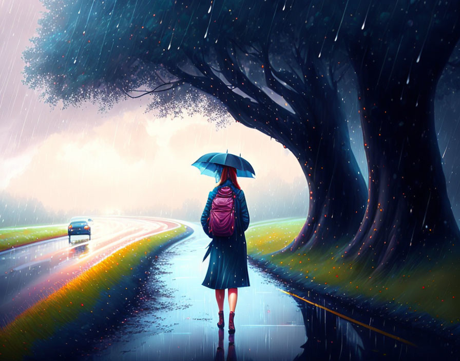 Solo traveler with blue umbrella on wet road under colorful rainy sky