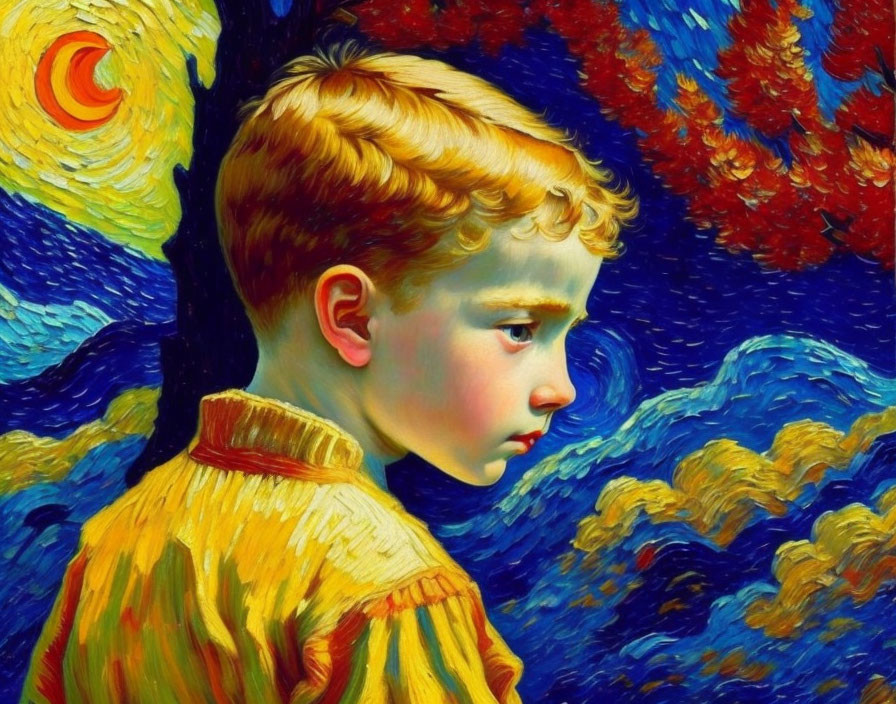 Vibrant Van Gogh-inspired portrait of a young boy with blonde hair