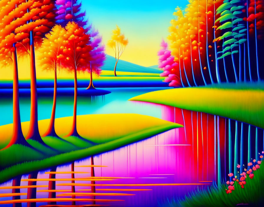 Colorful surreal landscape with vibrant trees, reflective water, and gradient grass under radiant sky