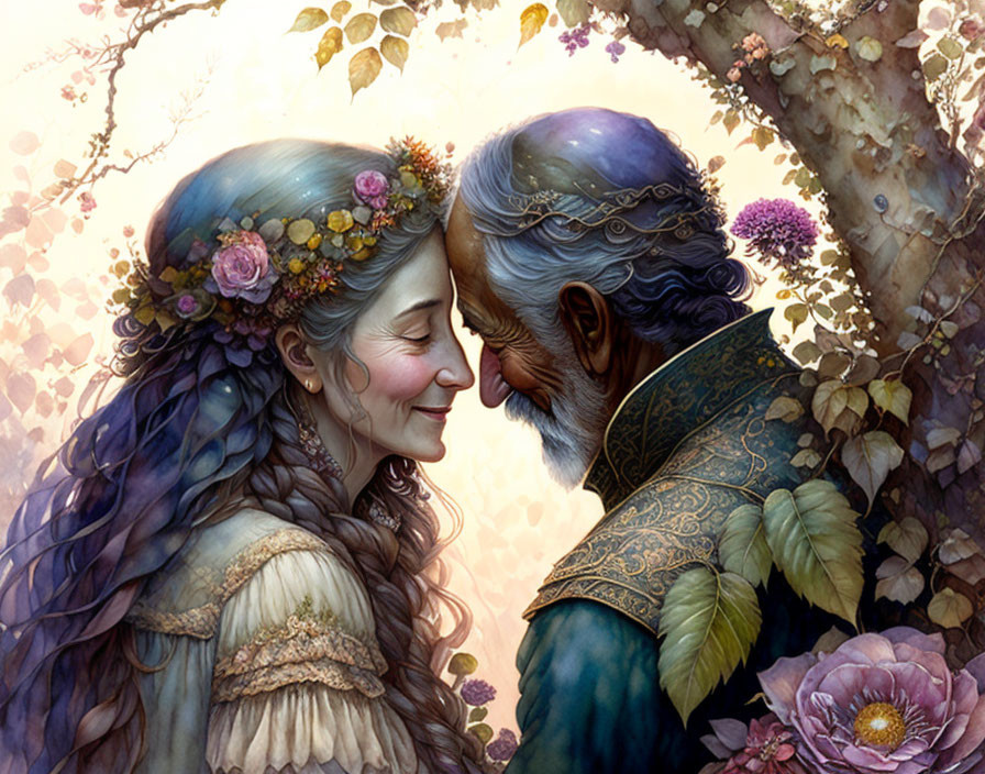 Elderly couple in ornate clothing touching foreheads amidst floral backdrop