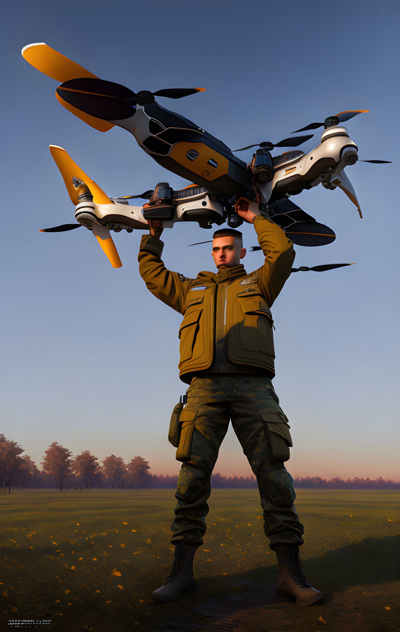 Military man holding large four-rotor drone in field at dusk