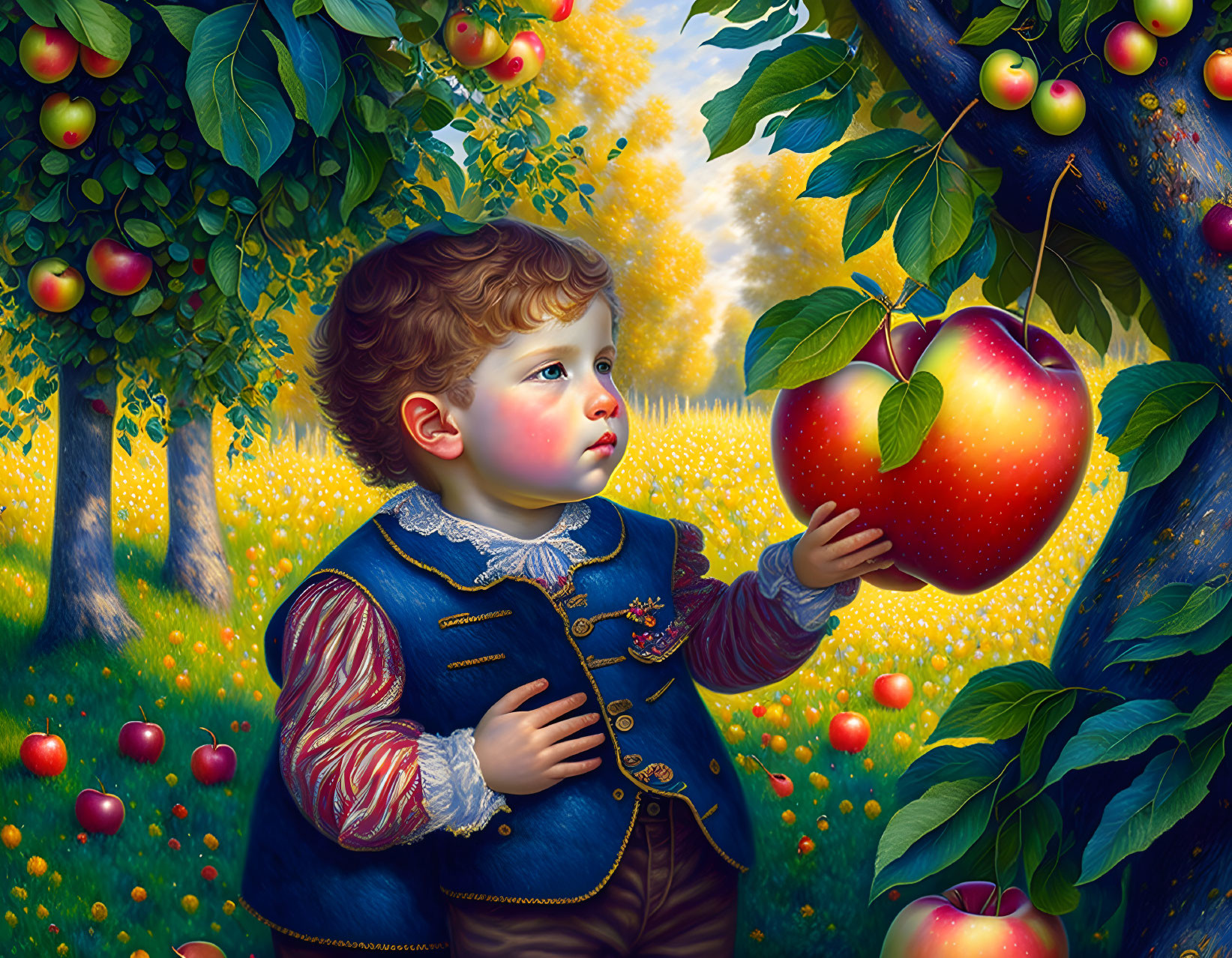 Child in Vintage Clothing Reaching for Red Apple in Orchard