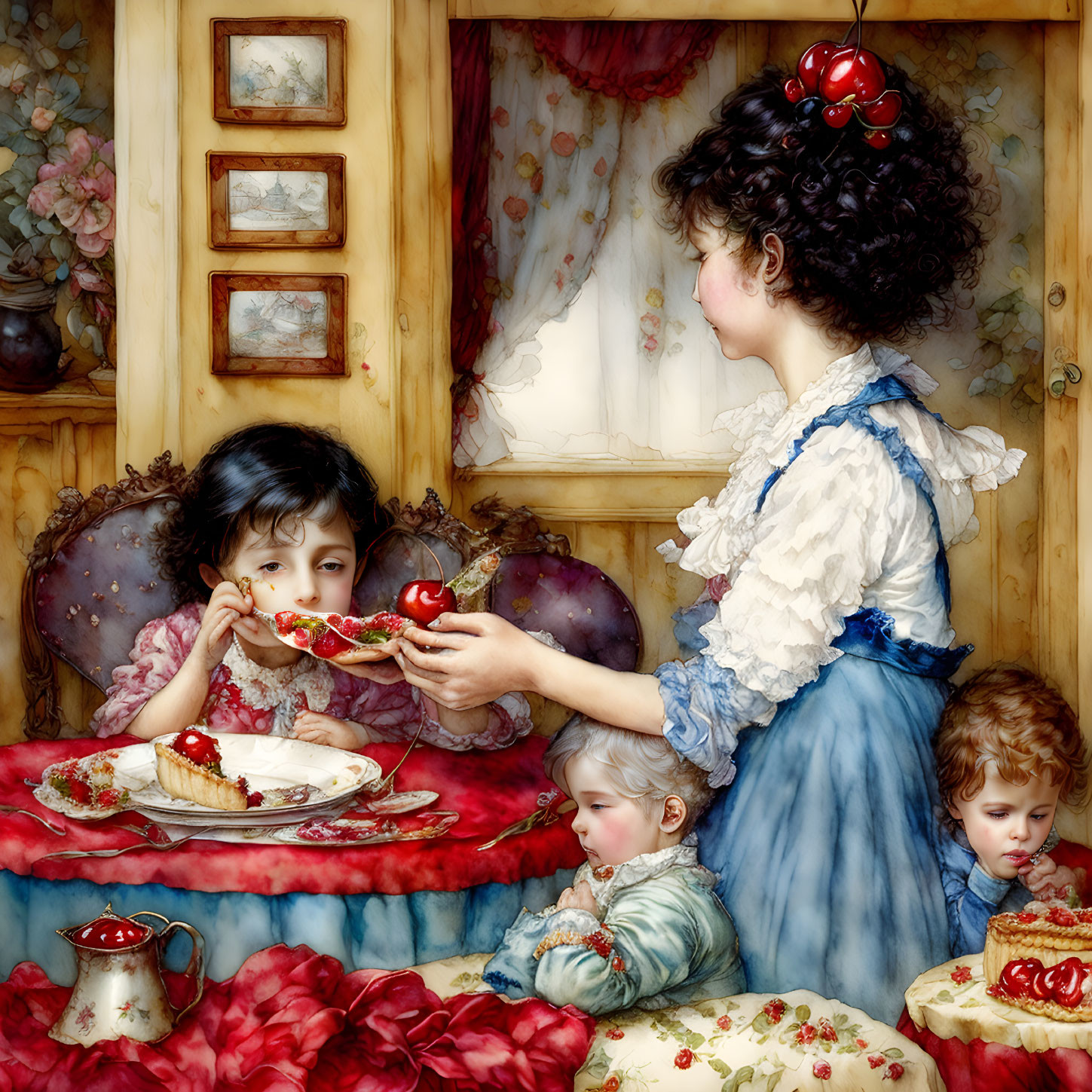 Illustrated scene: Woman in blue dress serves pie to children at lavish table in cozy cottage interior.