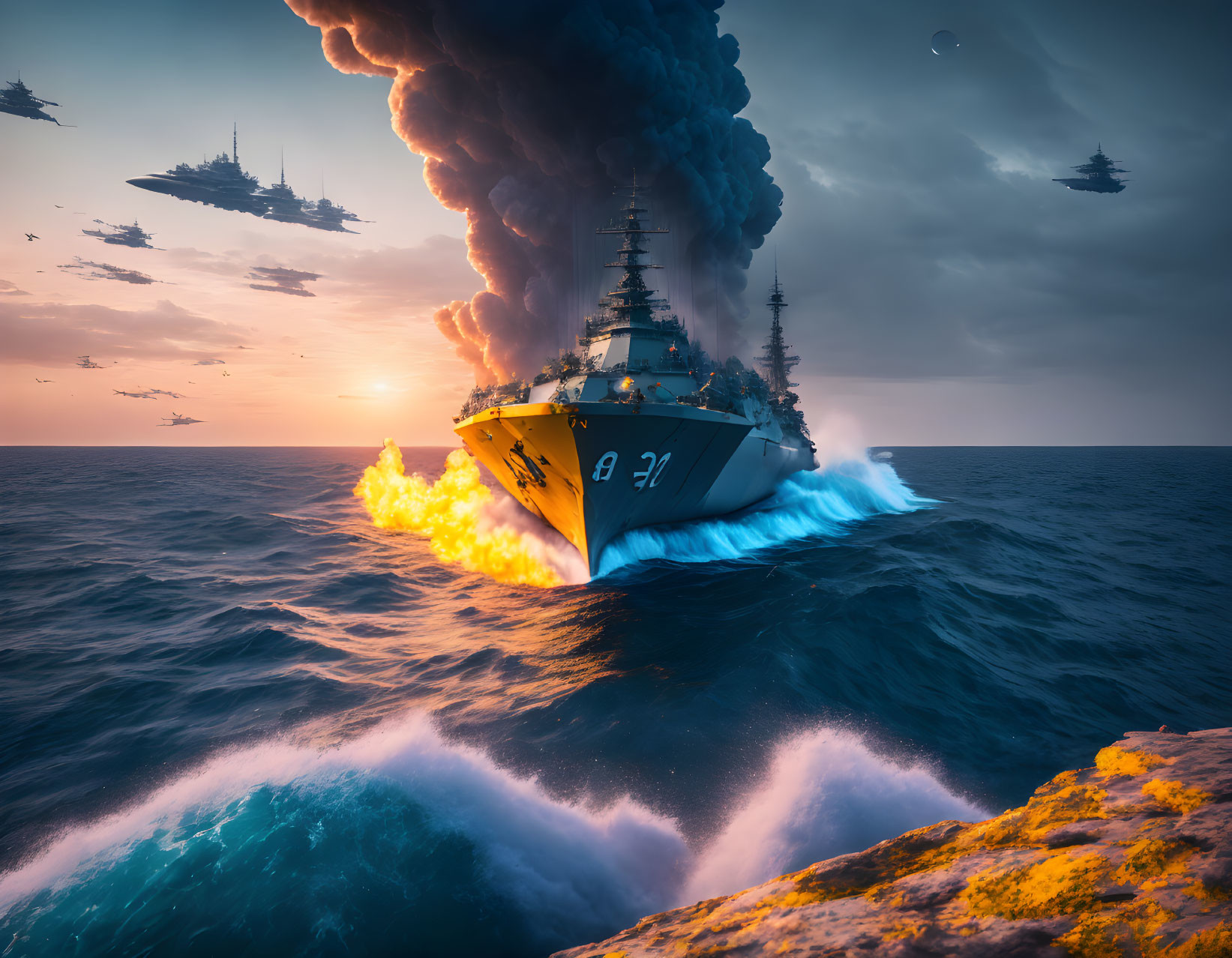 Warship battlescene with fire, high waves, warships, and setting sun