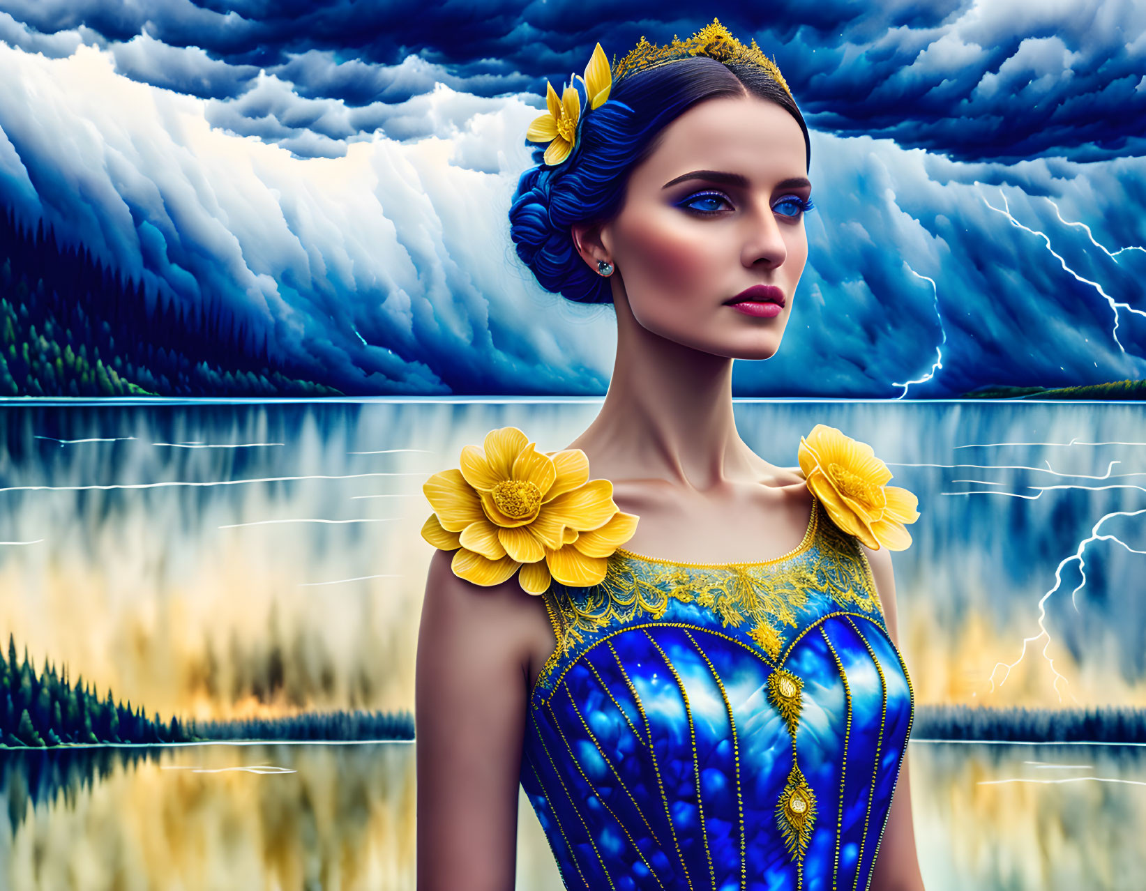 Digital artwork: Woman in blue attire with yellow flowers, stormy skies, lightning, calm lake