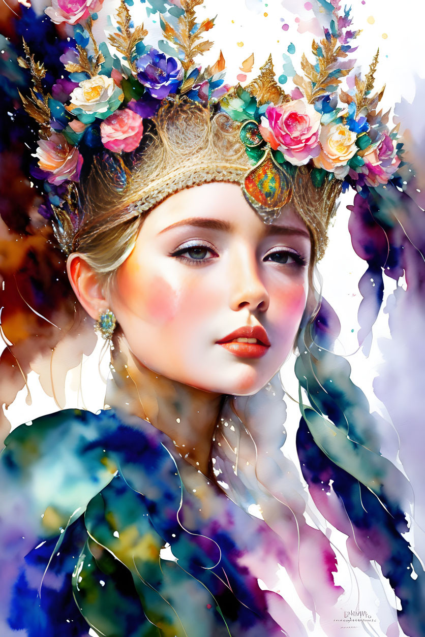 Woman with Floral Crown and Vibrant Makeup on Colorful Background