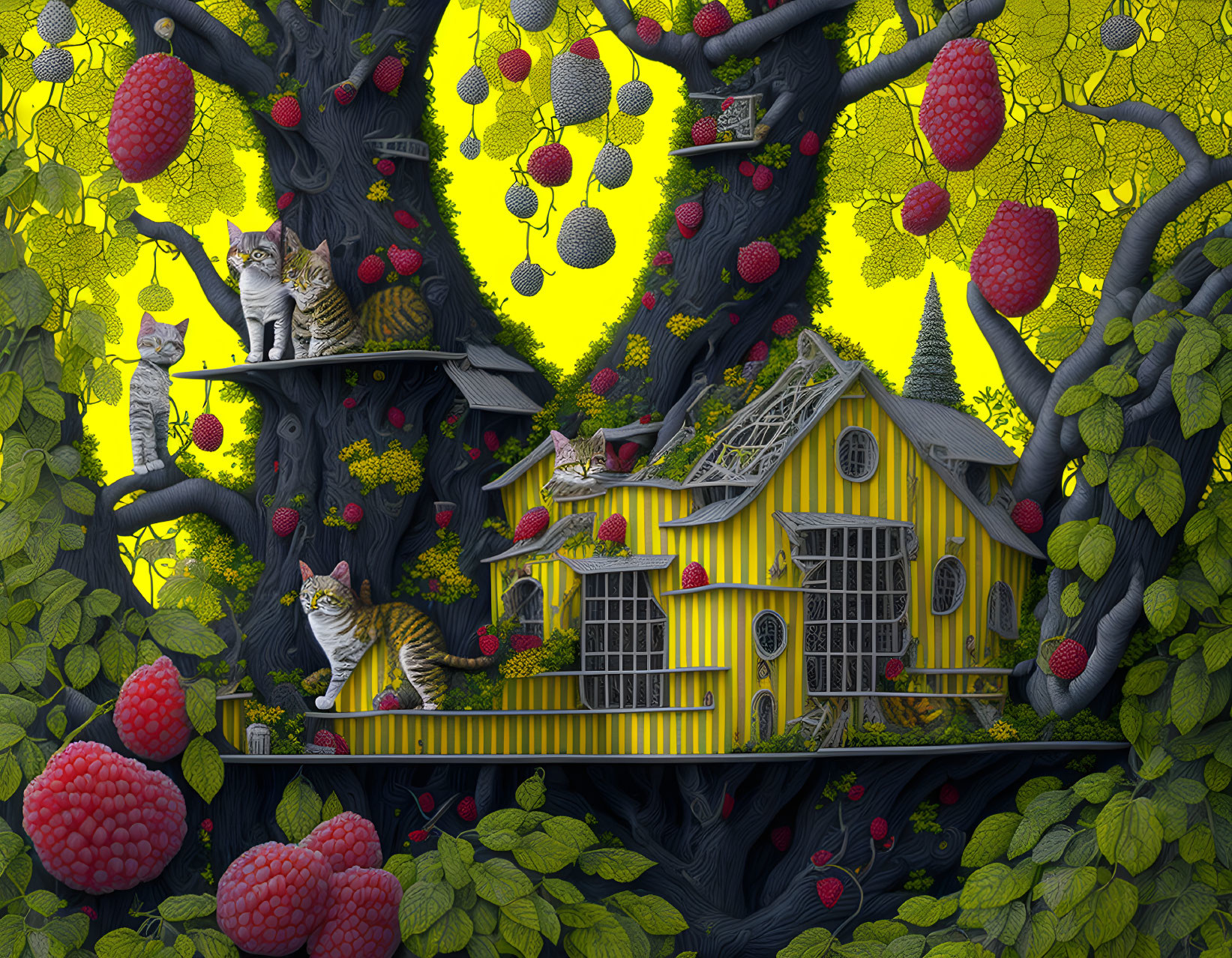 Fantastical cat-themed illustration with whimsical trees and oversized fruit.