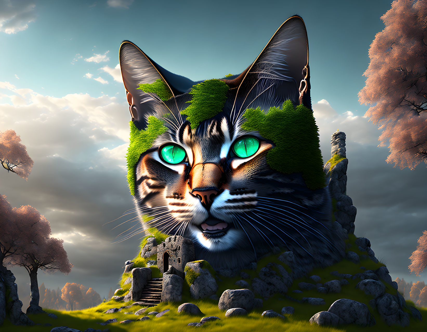 Surreal digital artwork: large cat face with green eyes in landscape with trees, castle, and