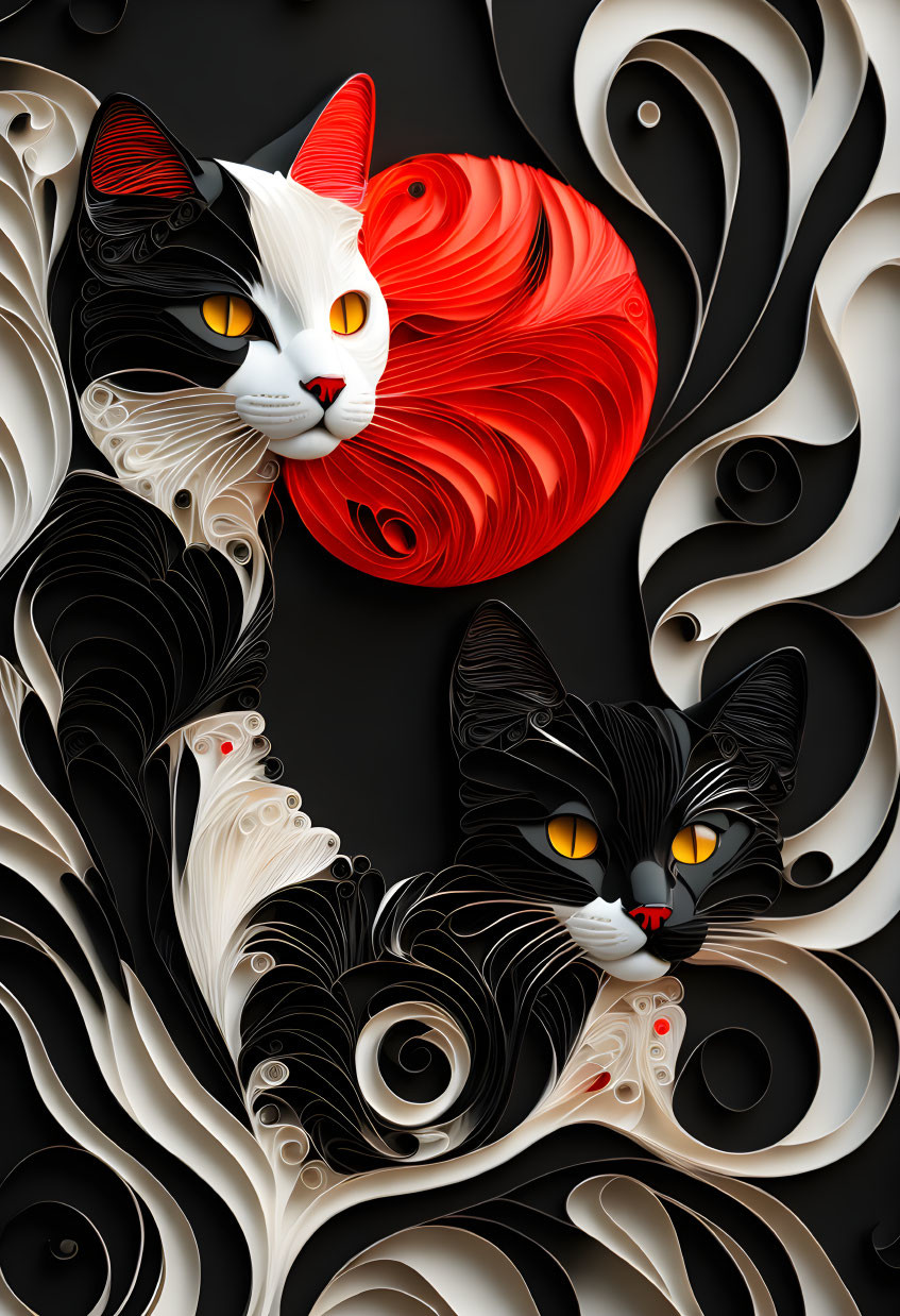 Stylized black and white cats with swirling patterns and vivid orange-yellow eyes on a dark background