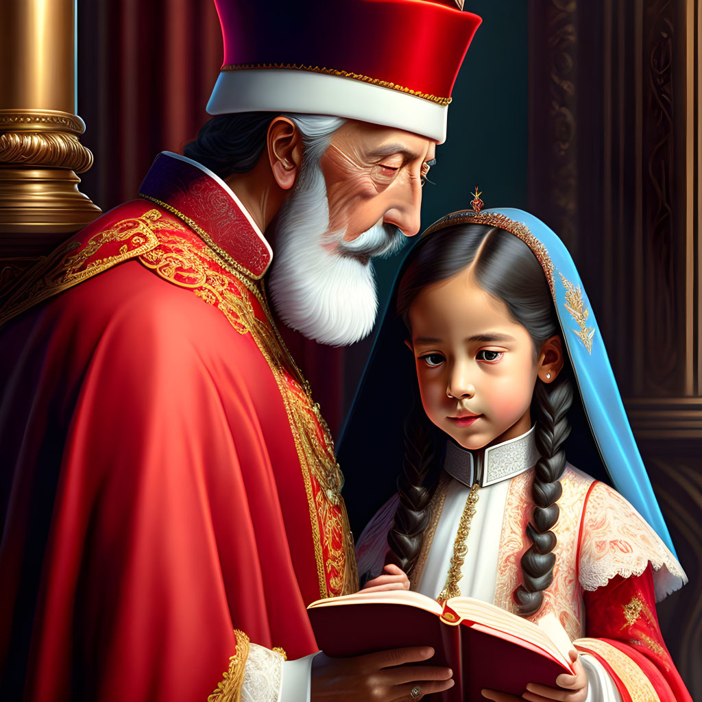 Illustration of elderly man and young girl in religious attire with solemn expressions