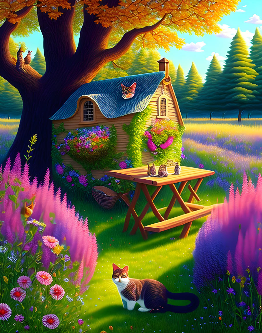 Colorful Garden Scene with Cats and Cat-Shaped House in Lush Setting