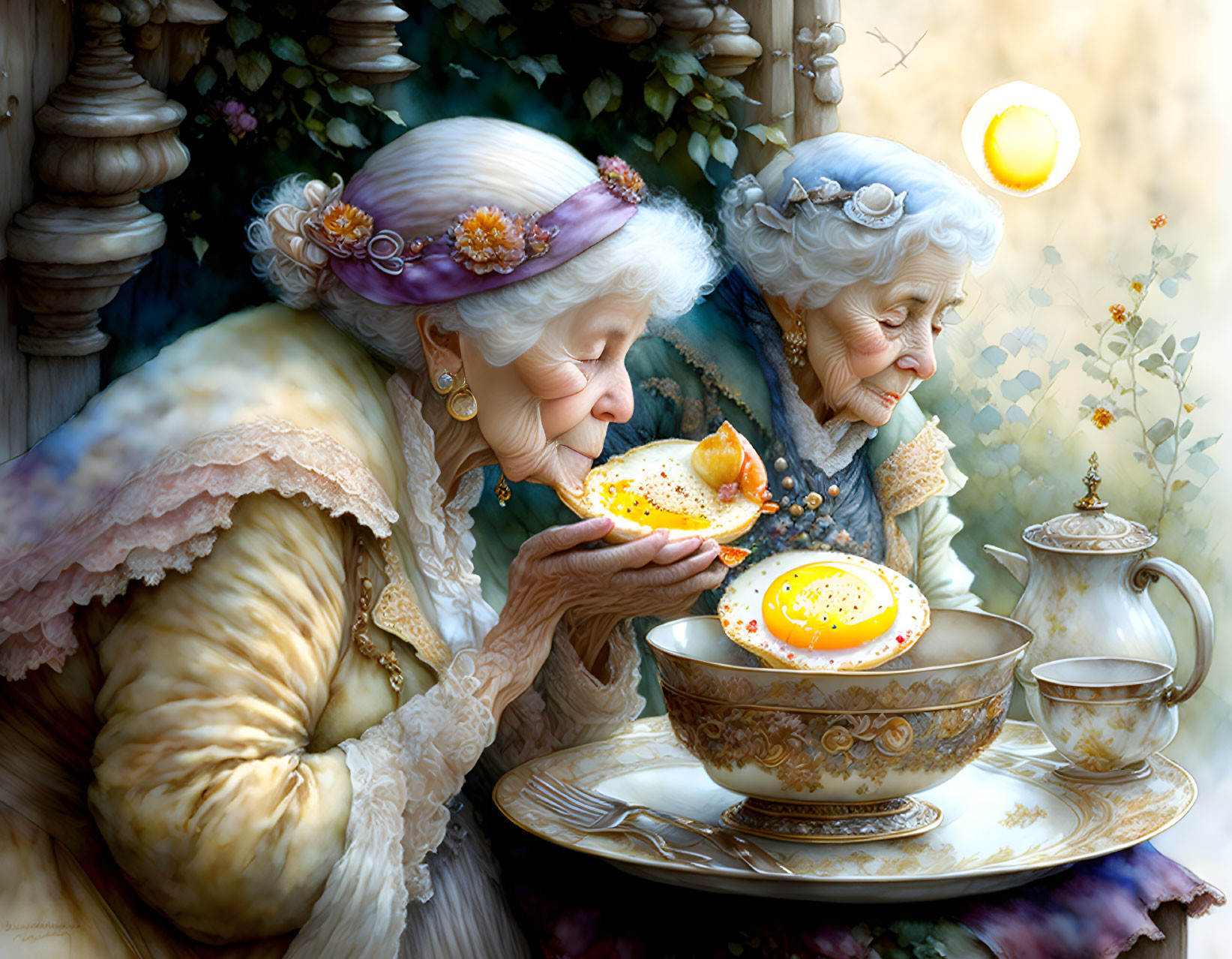 Elderly women sipping tea with glowing orb and teapot in whimsical setting