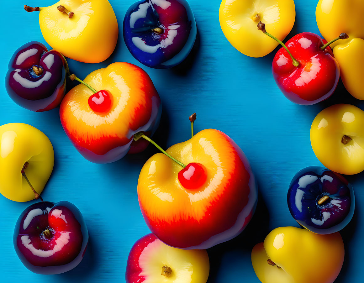 Vibrant artificial fruits on glossy blue backdrop