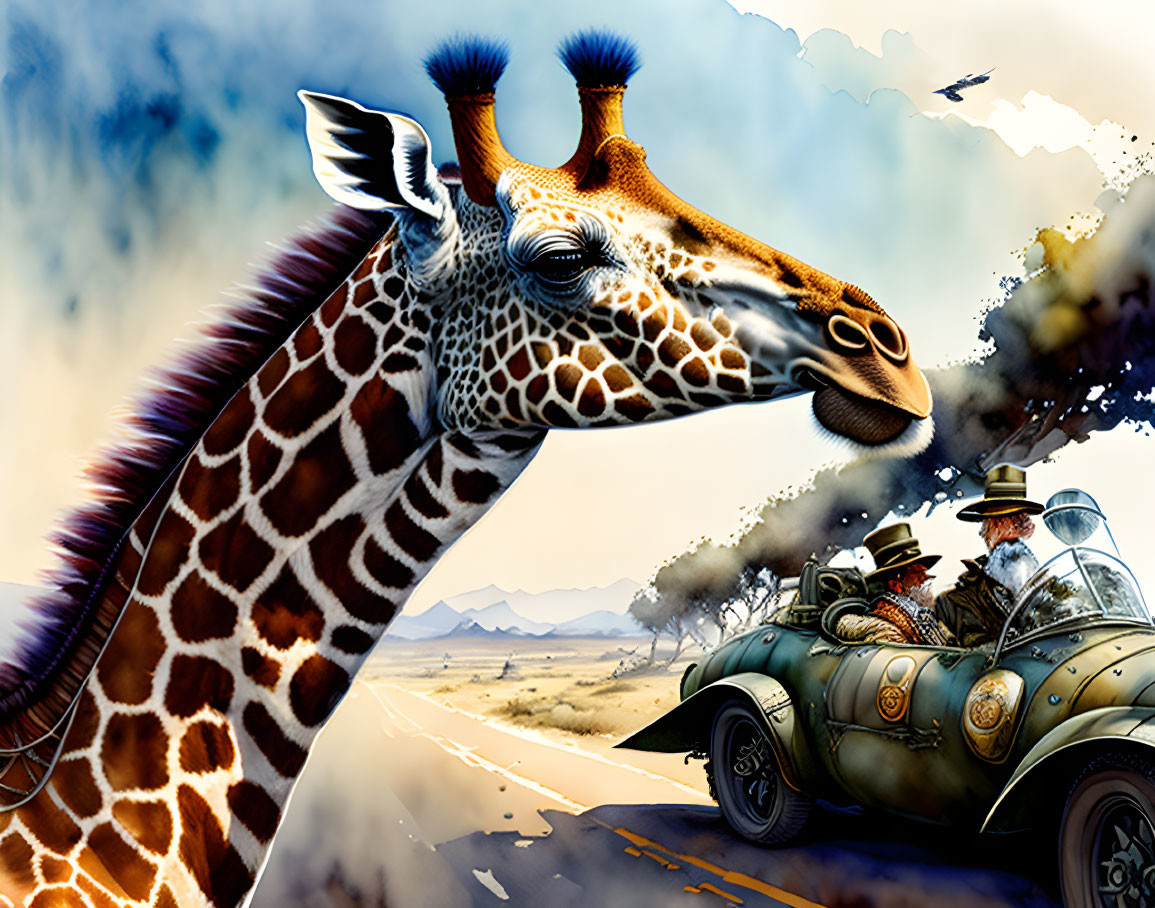 Surreal giraffe illustration meets vintage explorers in classic car