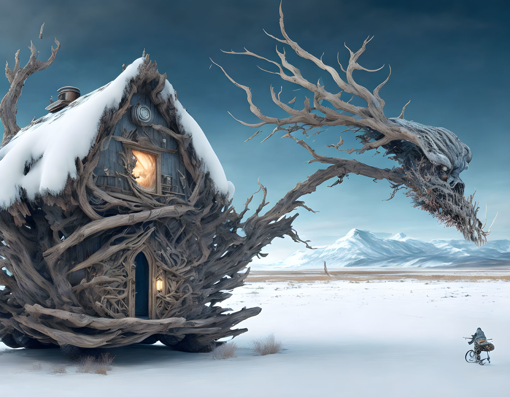 Fantasy artwork: Dragon-shaped treehouse in snowy landscape