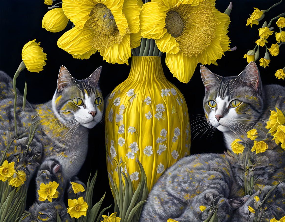 Grey Tabby Cats with Yellow Vase and Flowers on Dark Background