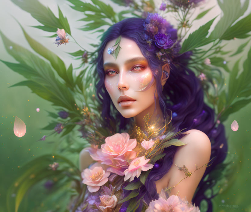 Mystical woman with purple hair in lush greenery and pastel flowers