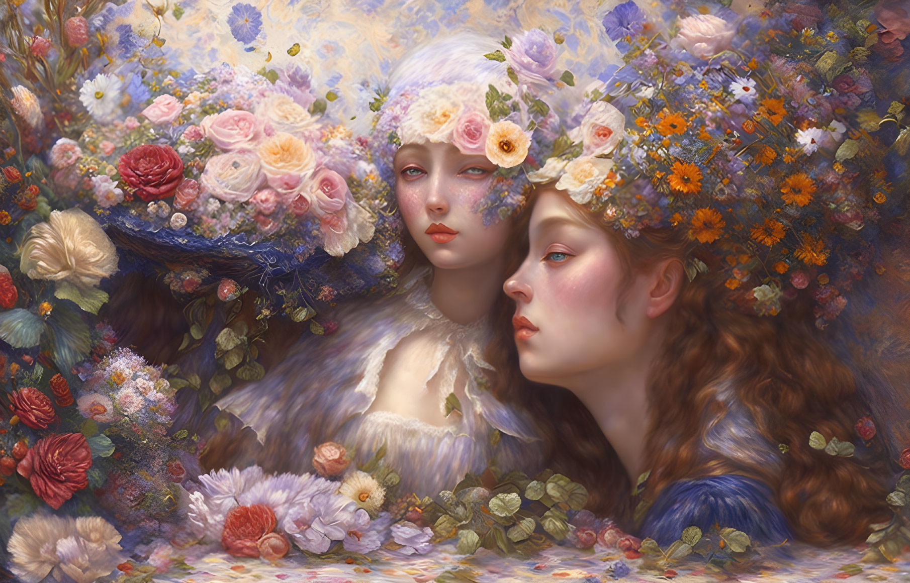 Ethereal figures with floral headdresses in vibrant flower setting.