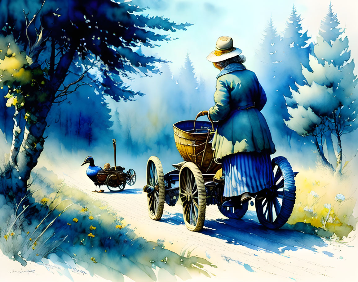 Vintage Illustration: Person in Hat and Coat Pushing Cart on Snowy Path