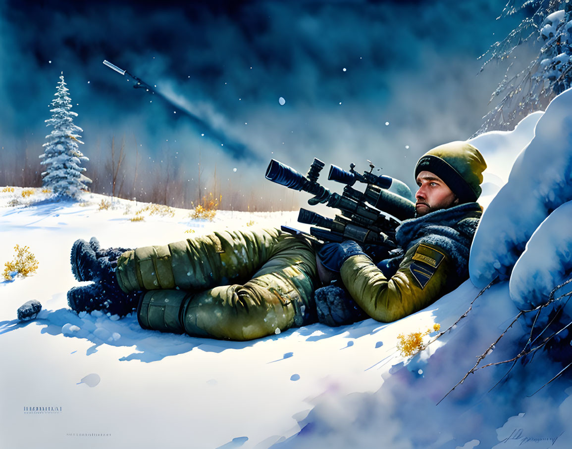 Camouflaged sniper in winter landscape with rifle and stars