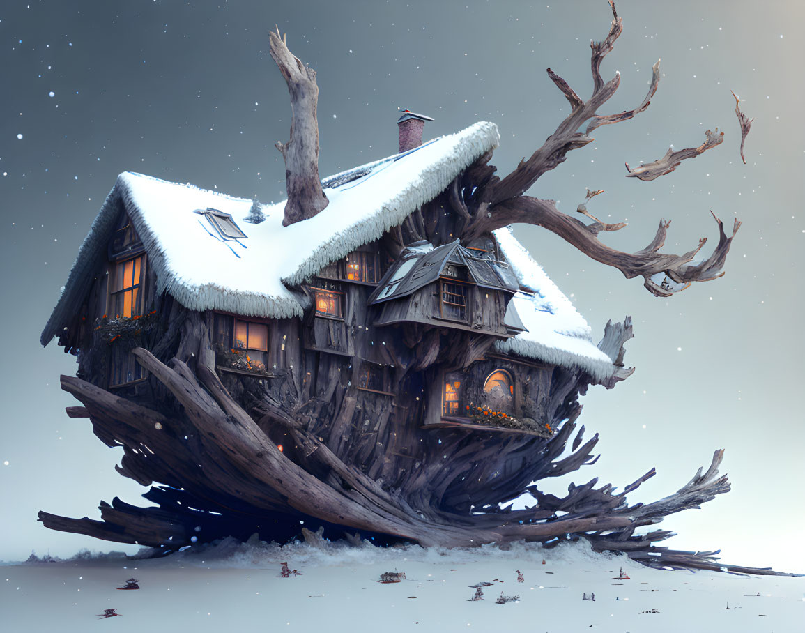 Snow-covered treehouse with warm windows and smokestack under wintry sky