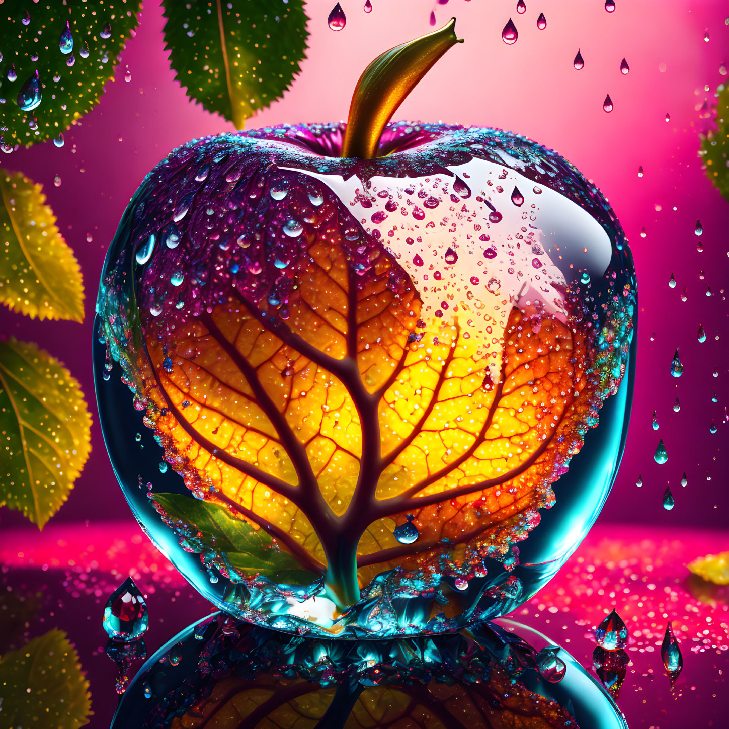 Translucent apple with tree-like structure and water droplets on colorful background