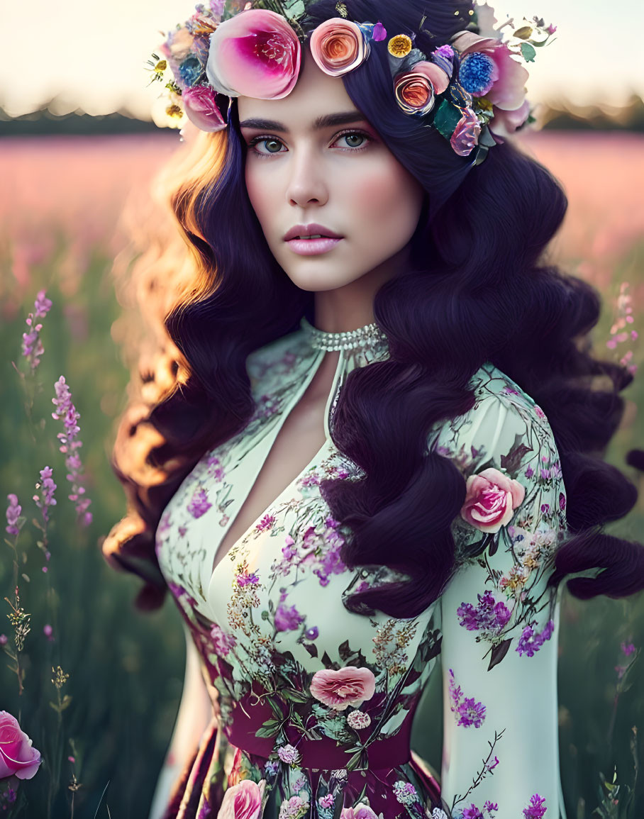 Woman with Voluminous Curly Hair in Floral Crown Surrounded by Pink Flowers