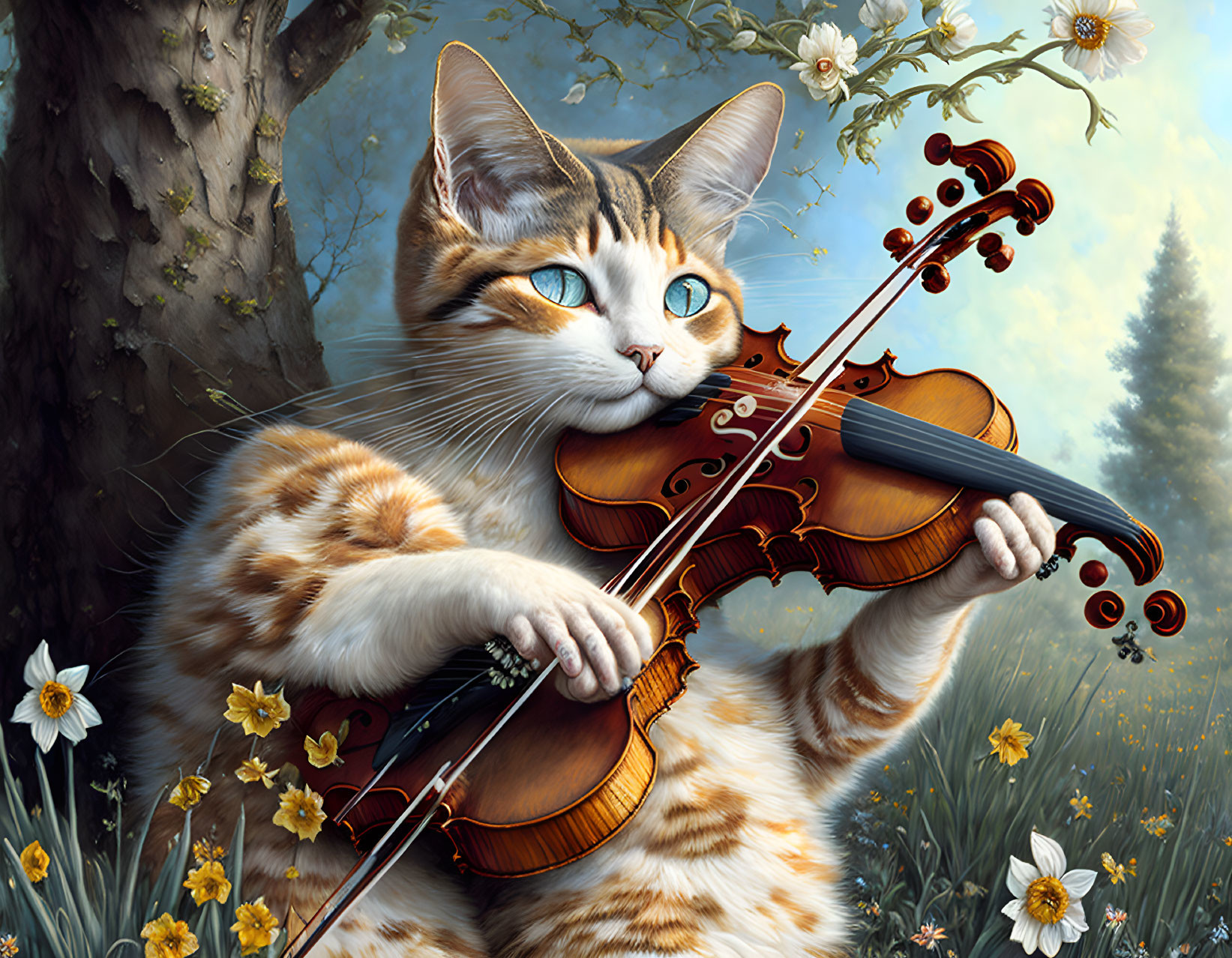 Surreal cat with blue eyes playing violin in forest with blooming flowers