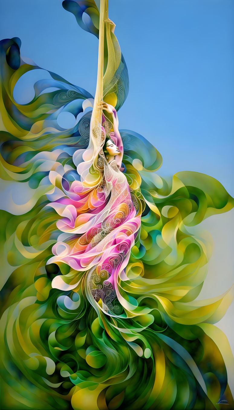 Colorful Abstract Art: Stylized Female Figure with Swirling Patterns on Blue Background