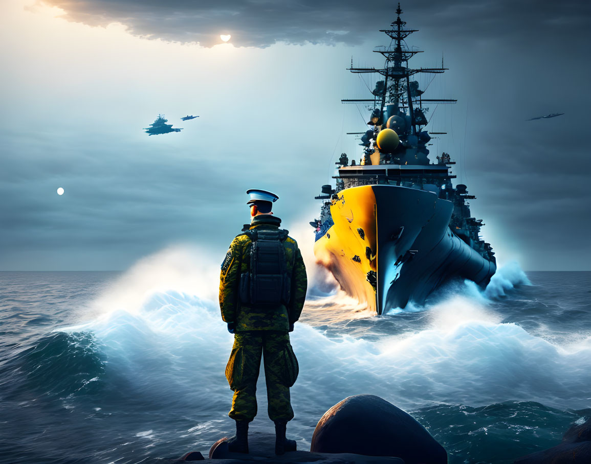 Soldier observing battleship and airplanes at sea in twilight scene