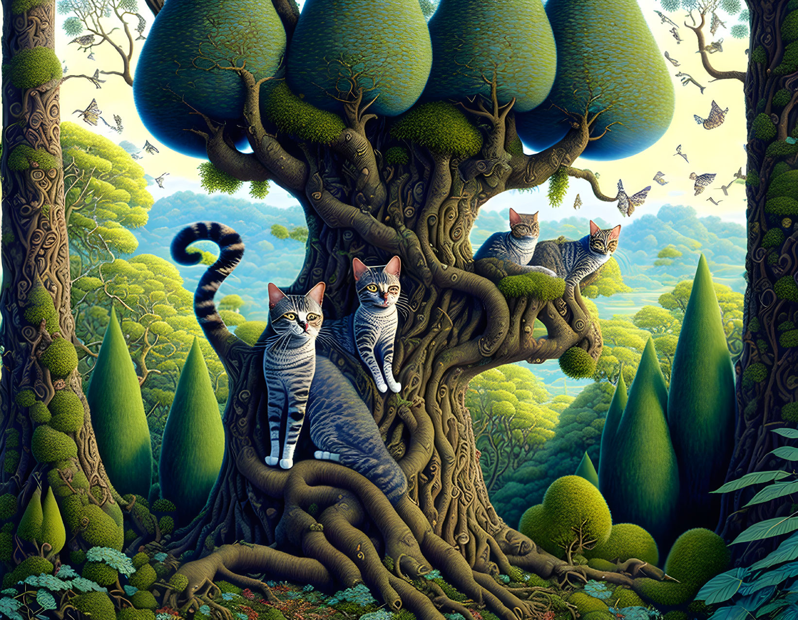 Three striped cats on a whimsical tree with lush greenery and birds.