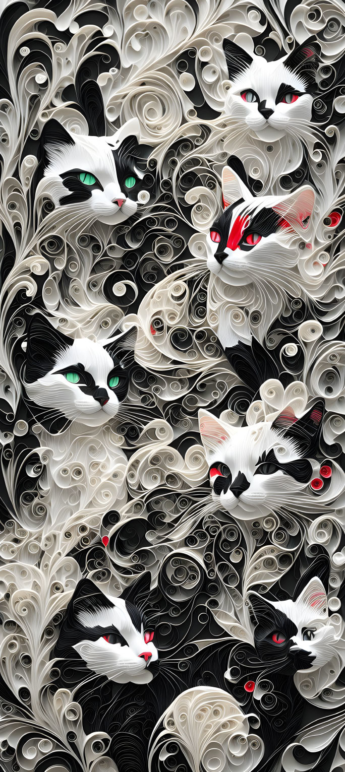 Stylized black and white fur cats with green eyes and red accents in paper quilling art