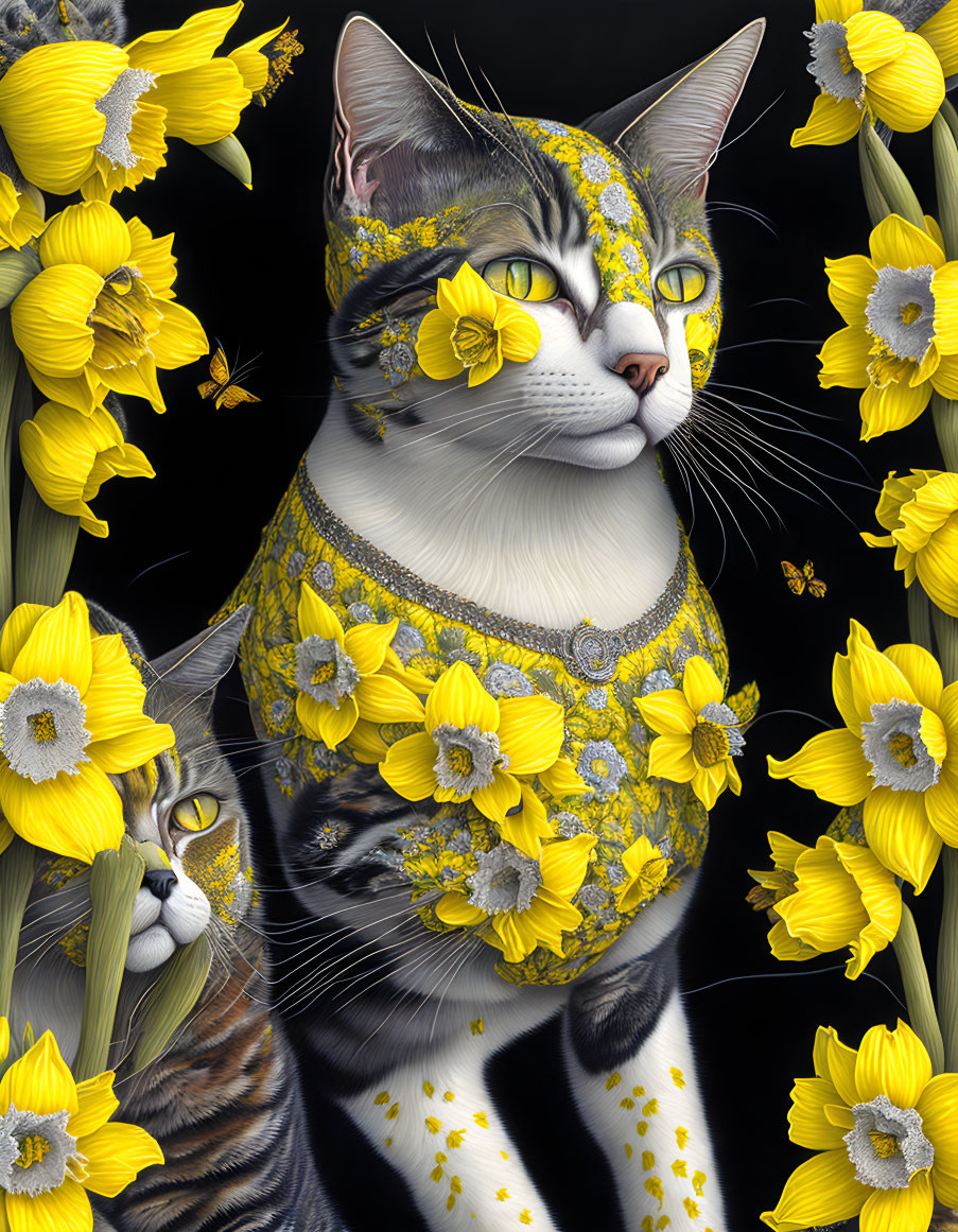 Digital Artwork: Two Cats with Yellow Flowers and Daffodils on Black Background