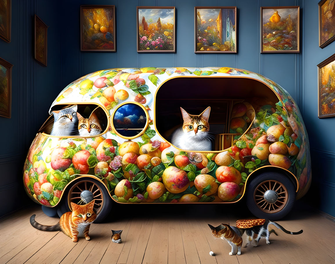 Colorful Cat Illustration with Fruit Caravan and Landscape Paintings on Blue Wall